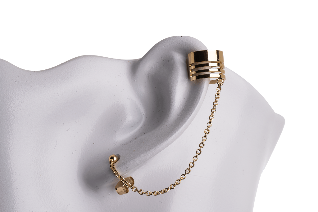Earring Cuff with Chain, Post, and Earnut - Silver and Gold Finishes - Electro-Plated - Sold by the Piece - KE-36